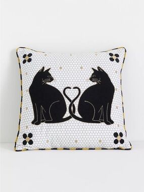 Anthropologie Agatha Embroidered Black Cat Indoor/Outdoor Pillow NWT